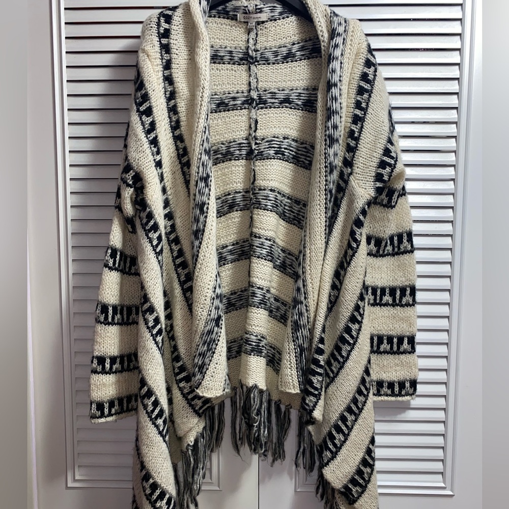 Womens Knit Beige and Black Cardigan with Tassel bottom